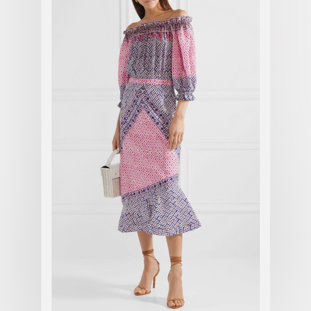 Saloni Grace Off-The-Shoulder Floral-Print Silk Crepe De Chine Midi Dress
